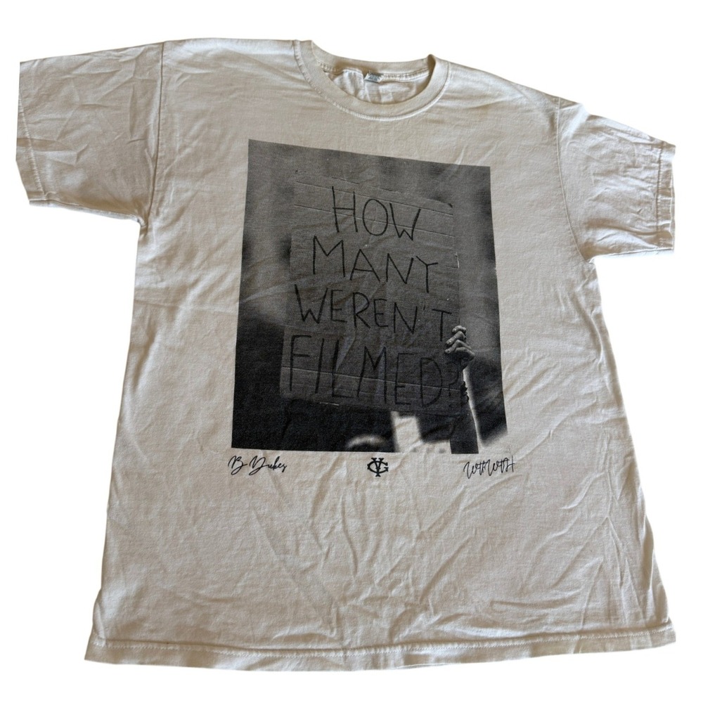 M&O Gold How Many Weren't Filmed Graphic T-Shirt White Large Mens Protest Tee